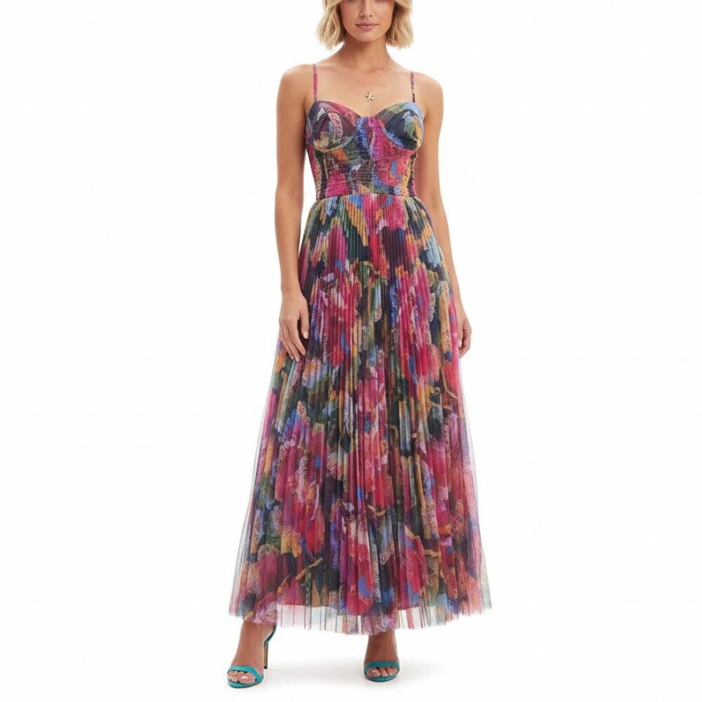 NWT $398 HUTCH BRIANNA PLEATED TULLE GOWN DRESS IN BLACK DARK RAINBOW FLORAL